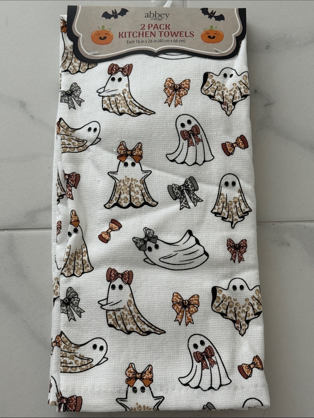 Abbey Halloween leopard ghost Kitchen Towels 2 Pack White Gold & Black Accent - Picture 3 of 5